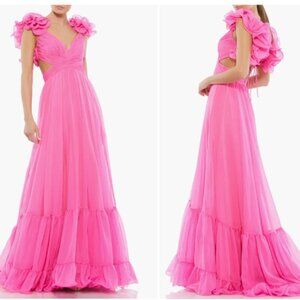 MAC DUGGAL 67911 RUFFLED TIERED CUTOUT CHIFFON STRAPPY BACK HOT PINK GOWN sz 14